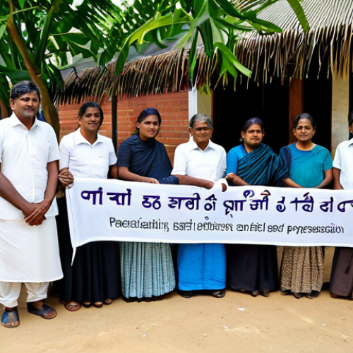 Home 4 Reconciliation Gathering**
"A diverse group of Sri Lankans, Sinhalese and Tamil, fully clothed in modest, respectful clothing, are gathered in a community center for a reconciliation meeting, safe for work, appropriate content. The setting is bright and welcoming with banners promoting peace and unity. Perfect anatomy, correct proportions, natural pose, well-formed hands, proper finger count, natural body proportions, professional photography, high quality."
**