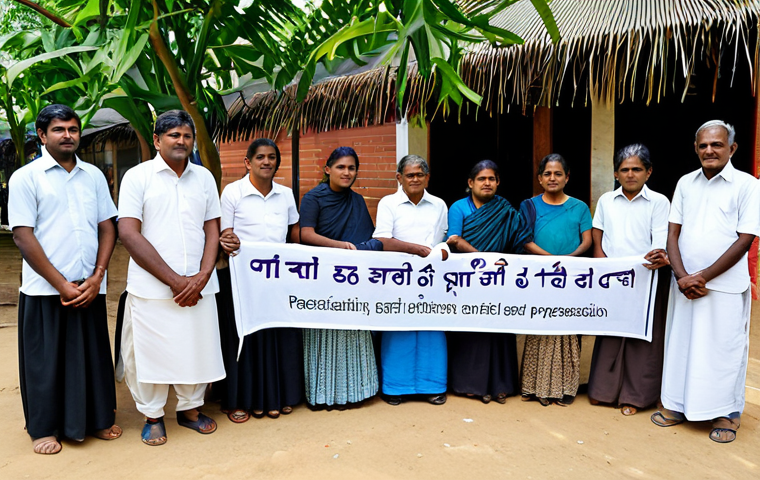 Reconciliation Gathering**
"A diverse group of Sri Lankans, Sinhalese and Tamil, fully clothed in modest, respectful clothing, are gathered in a community center for a reconciliation meeting, safe for work, appropriate content. The setting is bright and welcoming with banners promoting peace and unity. Perfect anatomy, correct proportions, natural pose, well-formed hands, proper finger count, natural body proportions, professional photography, high quality."
**