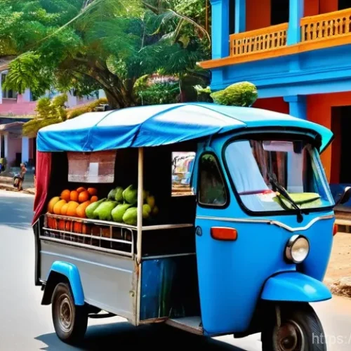 Home 28 스리랑카 내 이동수단 정보 - **Vibrant Sri Lankan Tuk-Tuk Adventure:** A brightly colored, three-wheeled tuk-tuk, painted in vivi...
