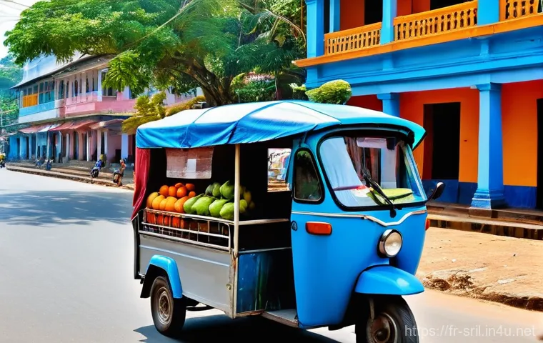 스리랑카 내 이동수단 정보 - **Vibrant Sri Lankan Tuk-Tuk Adventure:** A brightly colored, three-wheeled tuk-tuk, painted in vivi...