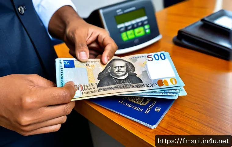 스리랑카 화폐 환전 방법 - Photorealistic travel currency exchange scene in a bright Paris bank office, a French traveler compa...