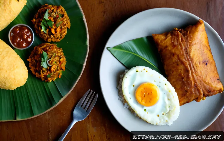 스리랑카 음식 럼피스 - Photorealistic overhead food photography of traditional Sri Lankan lamprais, a banana-leaf parcel op...